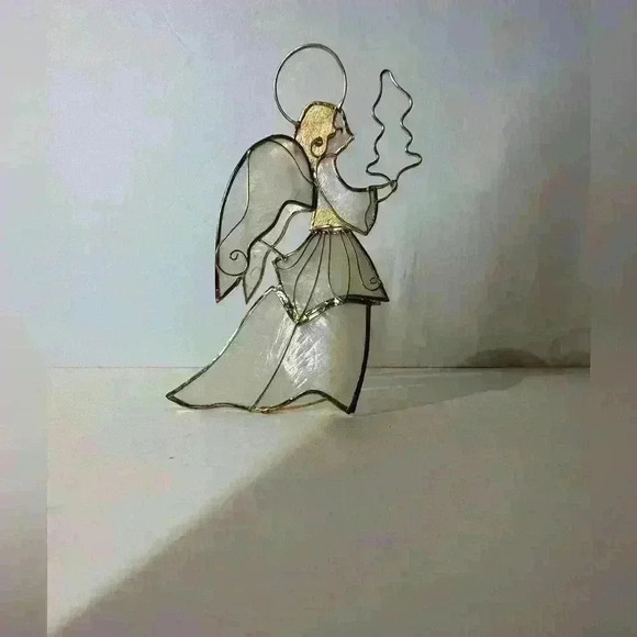 Vintage Capiz Shell Gold Metal Angel With Tree Christmas Ornament 5” - Picture 2 of 7